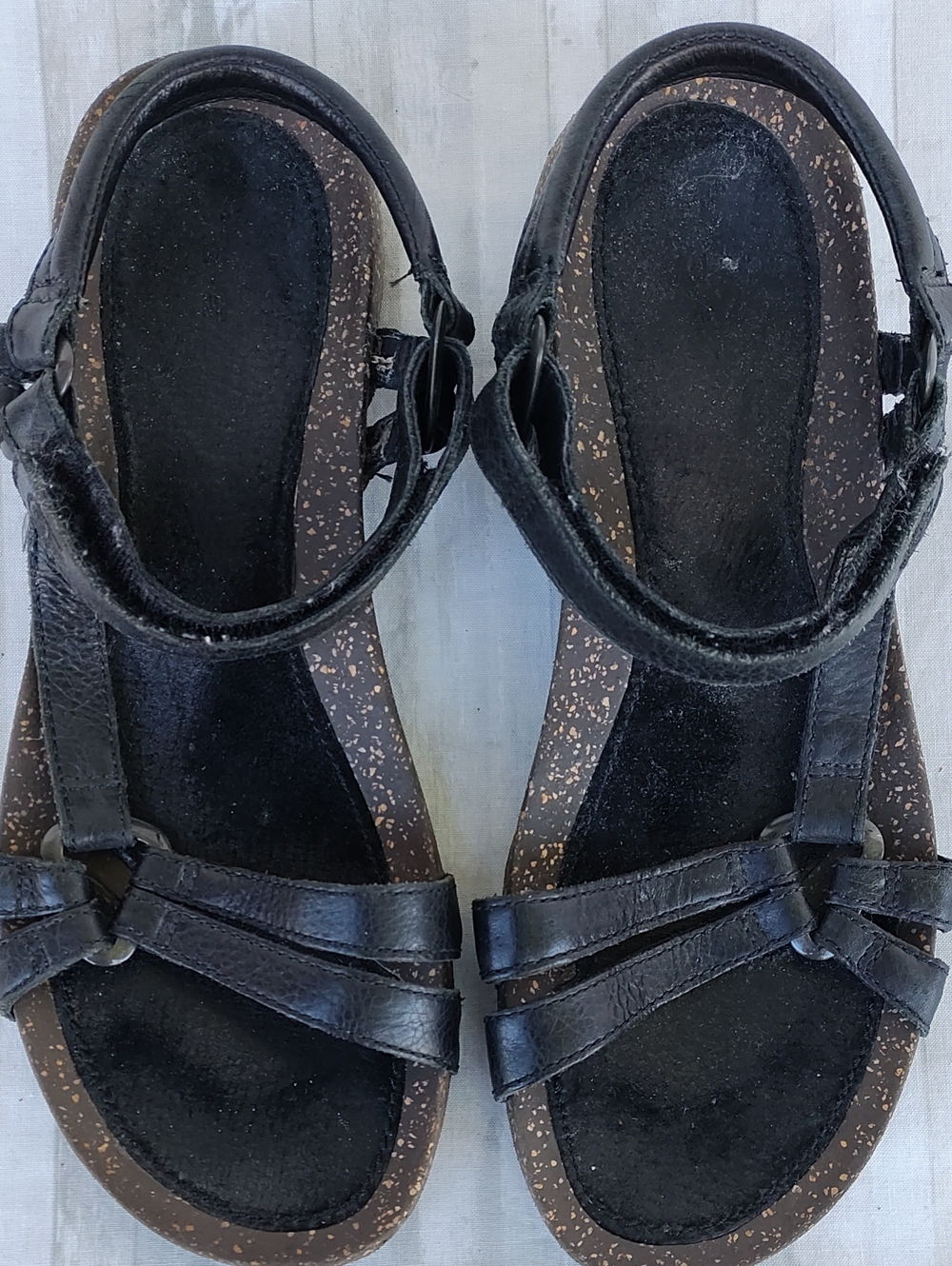 Teva Venture Cork 2 Black Leather Strappy Ankle Sandals, Size 9
